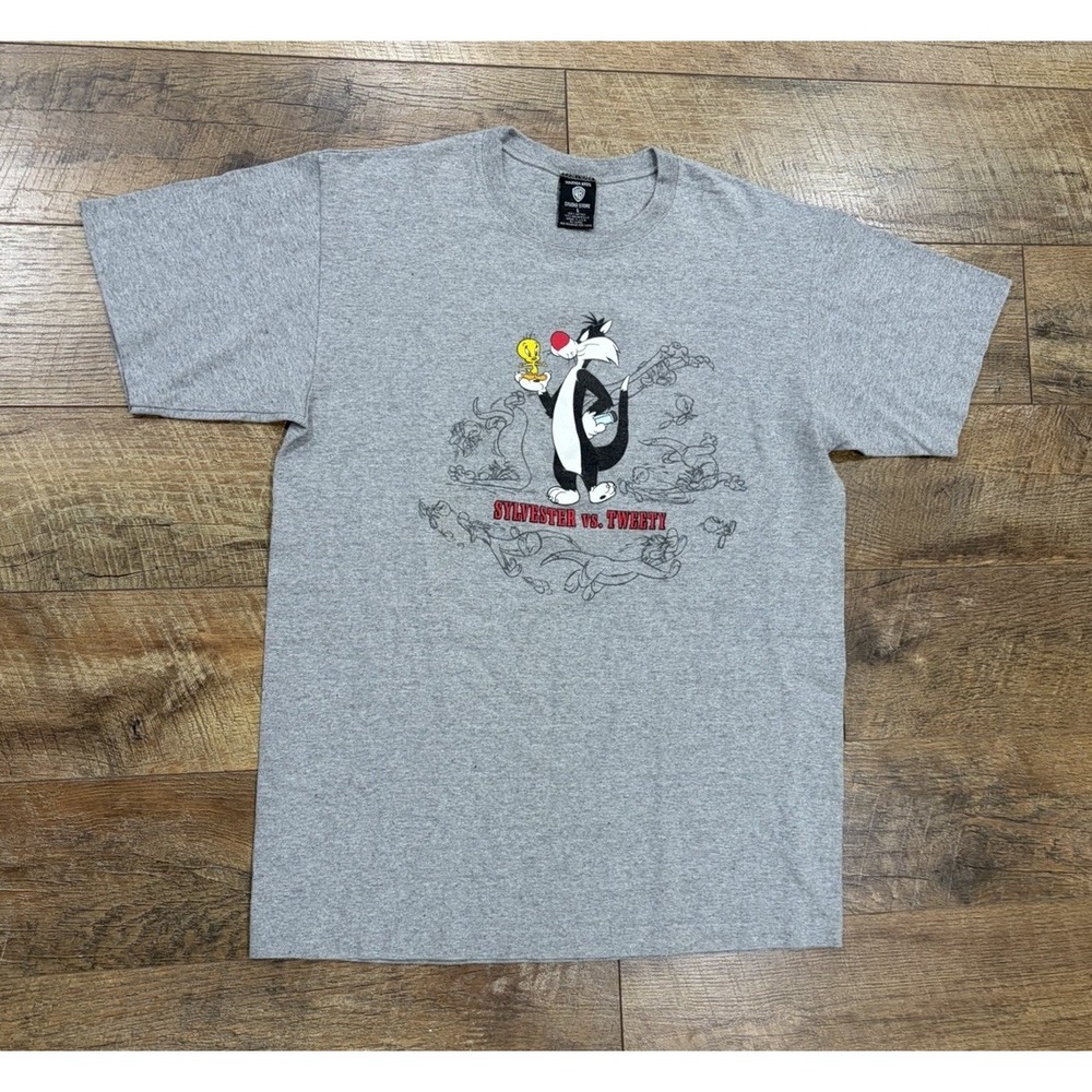 Vintage 1996 Looney Tunes Sylvester‎ VS. Tweety Tee Grey Large Made In USA 90s